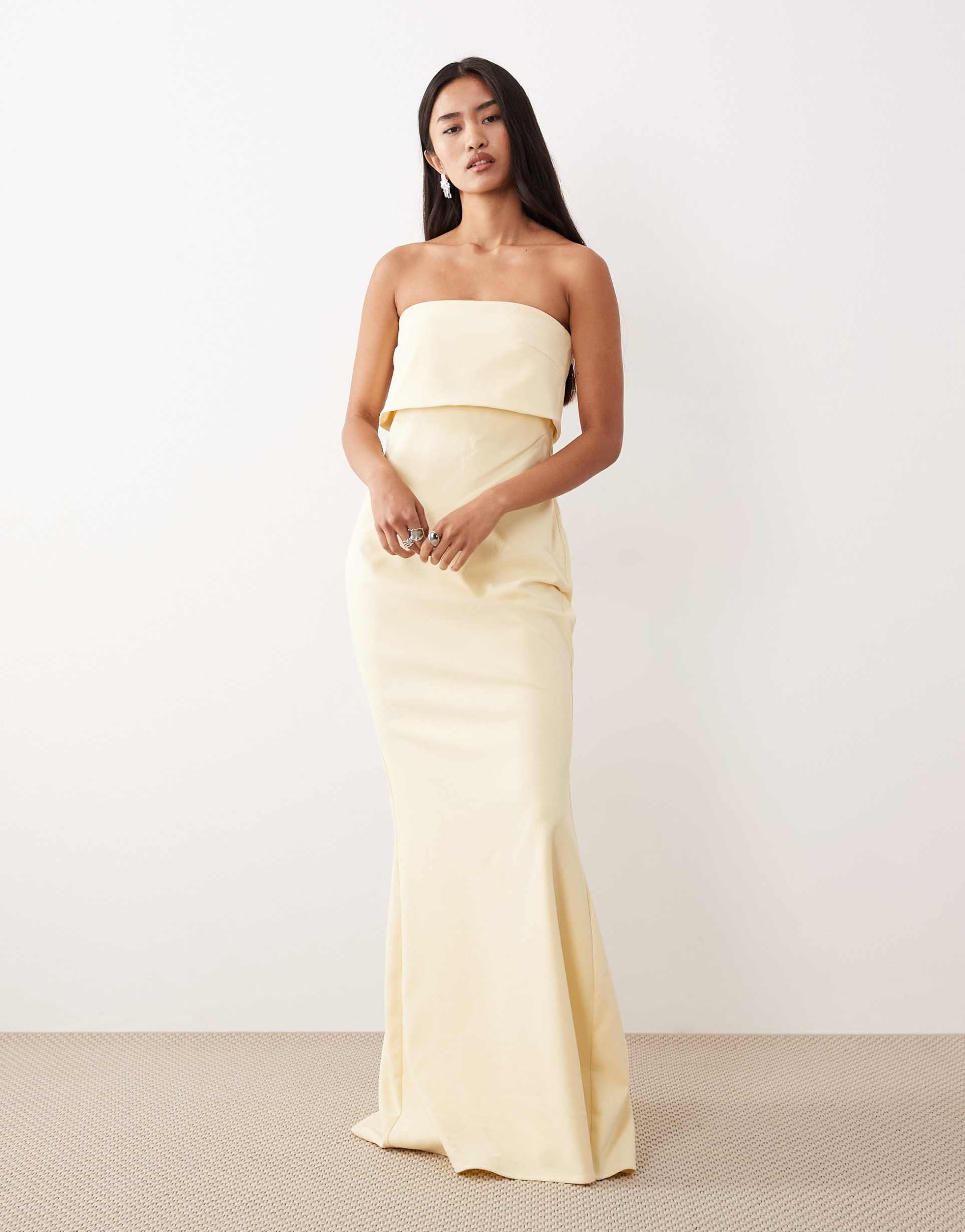 pretty lavish bridesmaid julia strapless fold over panel maxi dress in lemon yellow