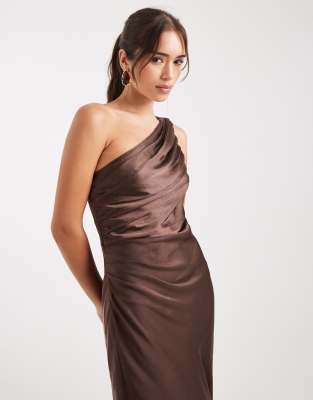 Pretty Lavish Bridesmaid Juliet Ruched One-shoulder Maxi Dress In Brown
