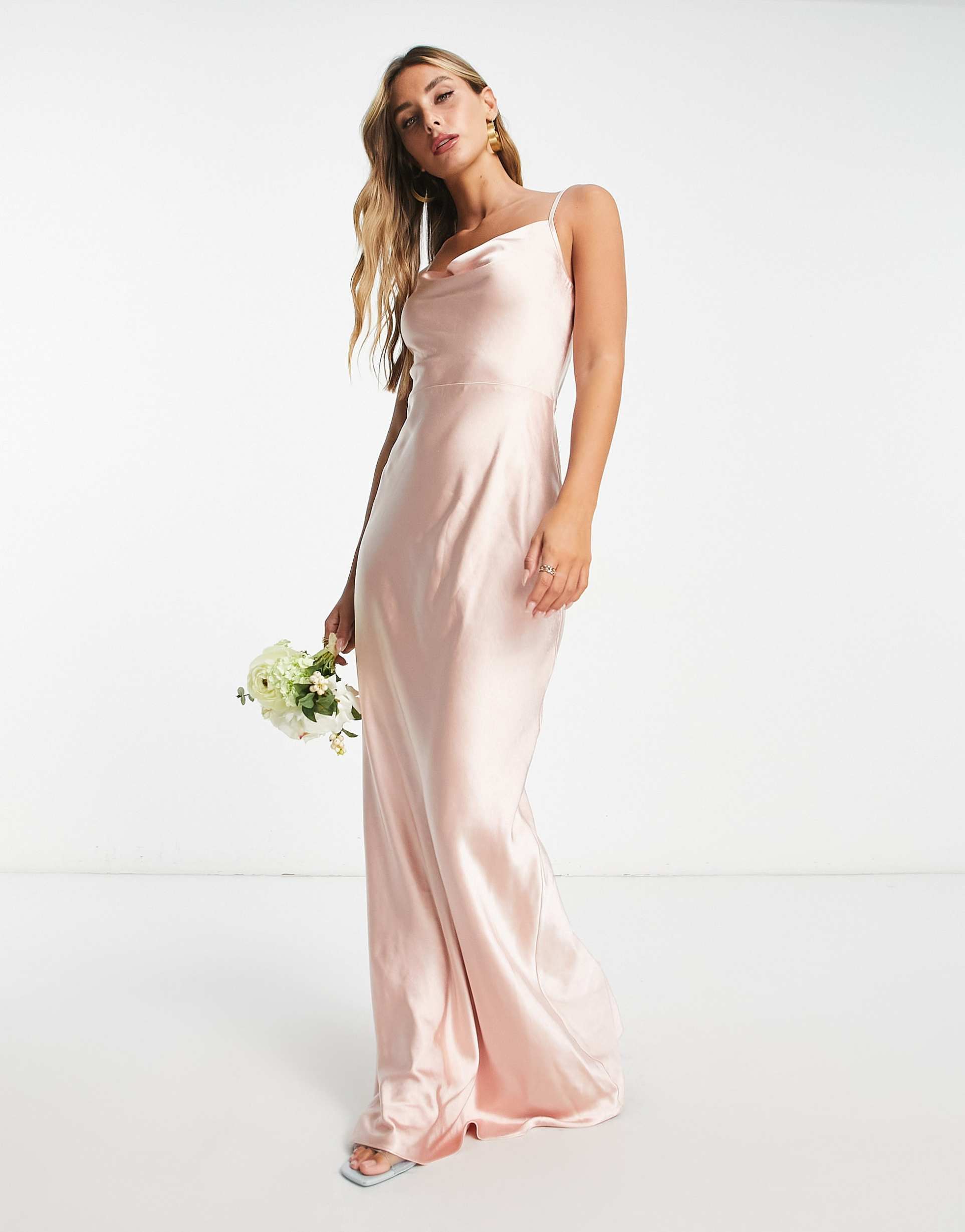 pretty lavish bridesmaid keisha cowl neck satin maxi dress in blush