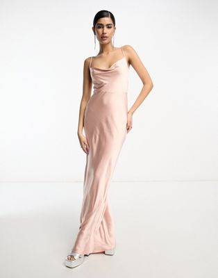 Shop Pretty Lavish Bridesmaid Keisha Cowl Neck Satin Maxi Dress In Blush-pink
