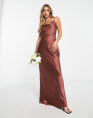 Pretty Lavish Bridesmaid Keisha cowl neck satin maxi dress in chestnut brown