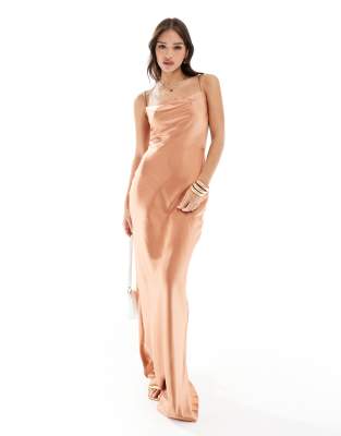 Pretty Lavish Bridesmaid Keisha cowl neck satin maxi dress in cinnamon