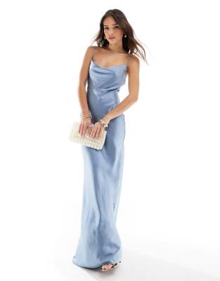 Pretty Lavish Bridesmaid Keisha Cowl Neck Satin Maxi Dress In Dusty Blue