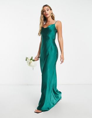 Pretty Lavish Bridesmaid Keisha Cowl Neck Satin Maxi Dress In Emerald Green