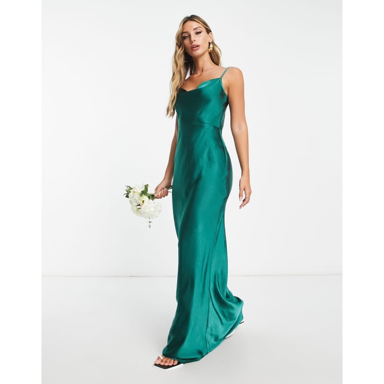 Pretty Lavish Bridesmaid Keisha cowl neck satin maxi dress in emerald green