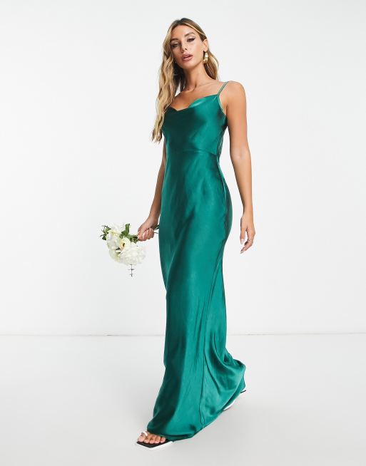 Emerald green satin hot sale cowl neck dress