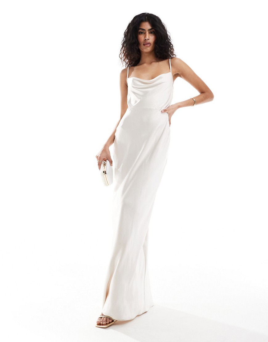 Pretty Lavish Bridesmaid Keisha cowl neck satin maxi dress in ivory-White