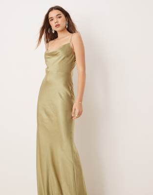 Bridesmaid Keisha cowl neck satin maxi dress in olive-Green