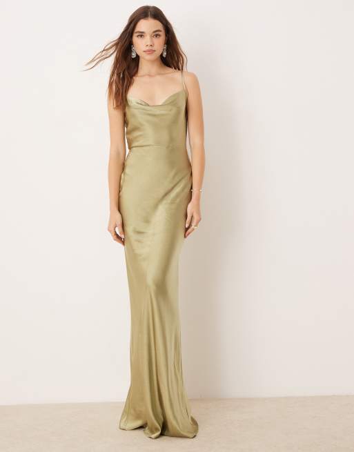 Pretty Lavish Bridesmaid Keisha cowl neck satin maxi dress in olive