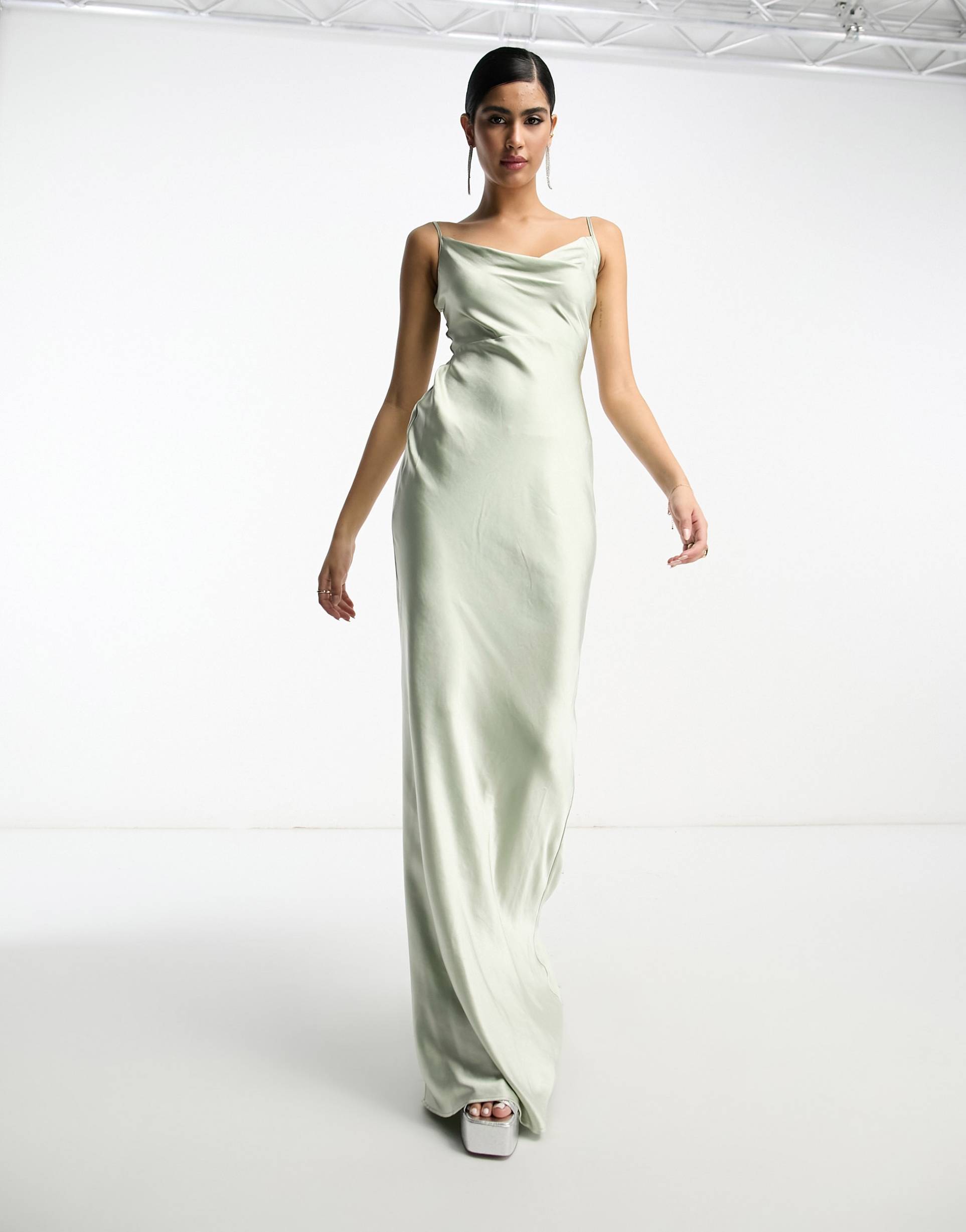 pretty lavish bridesmaid keisha cowl neck satin maxi dress in sage green
