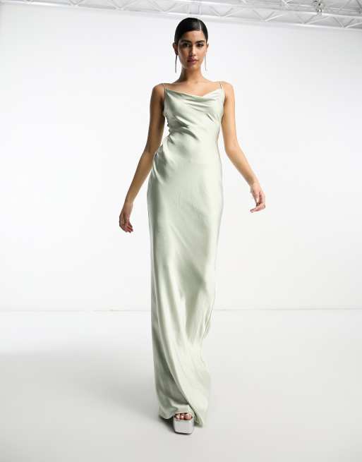 ASOS DESIGN Bridesmaid satin ruched halter neck maxi dress in sage