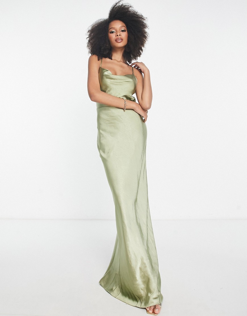 Pretty Lavish Bridesmaid Keisha cowl neck satin maxi dress in soft olive-Green