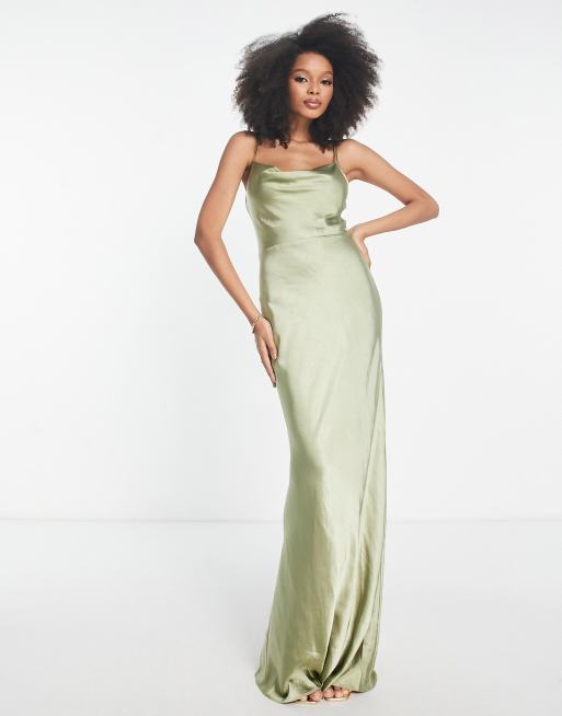 Beige Cowl Neck Satin Maxi Dress