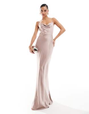 Bridesmaid Keisha satin cowl neck maxi dress in amethyst-pink