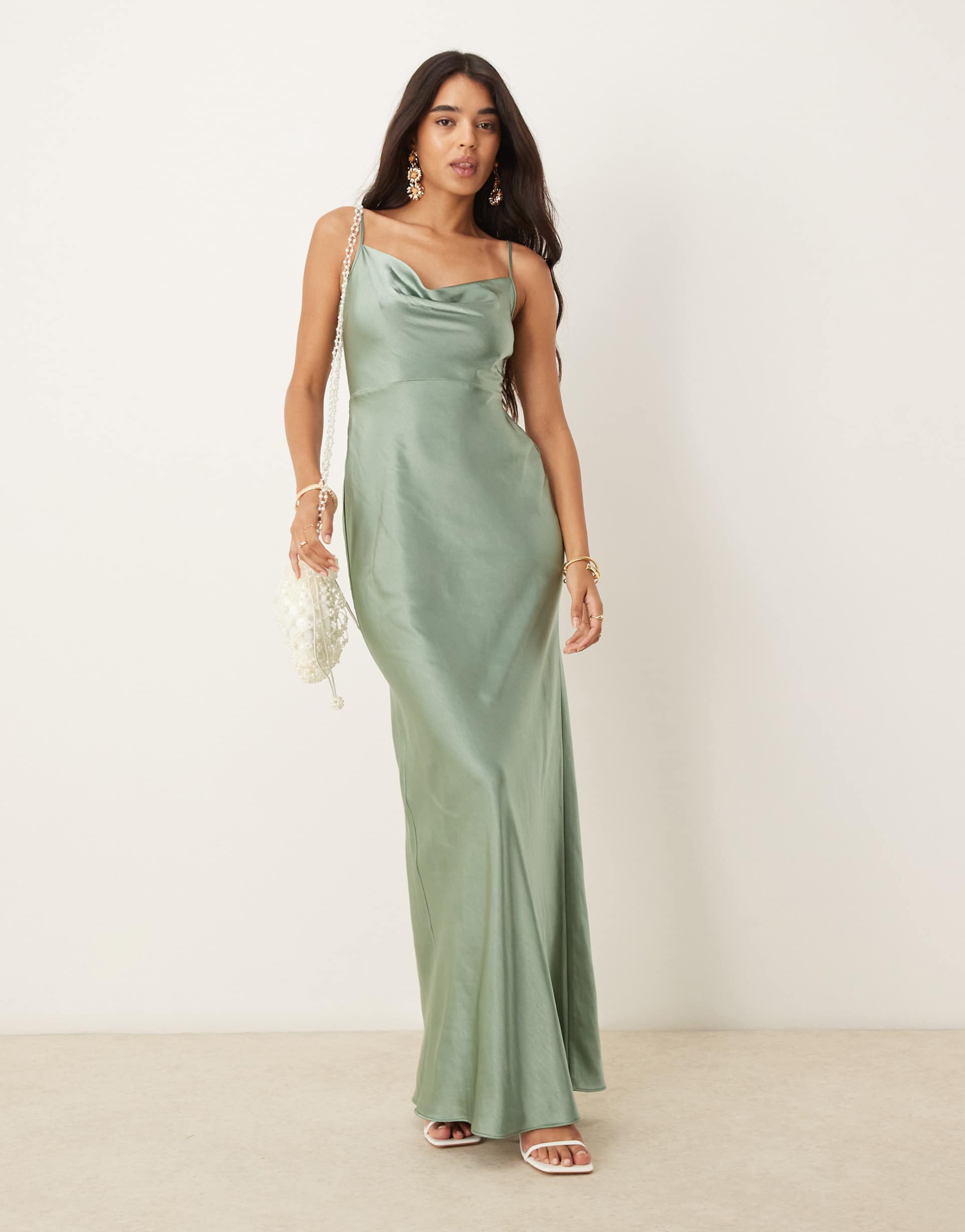 pretty lavish bridesmaid keisha satin cowl neck maxi dress in eucalyptus