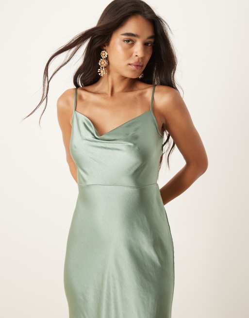 Pretty Lavish Bridesmaid Keisha satin cowl neck maxi dress in eucalyptus