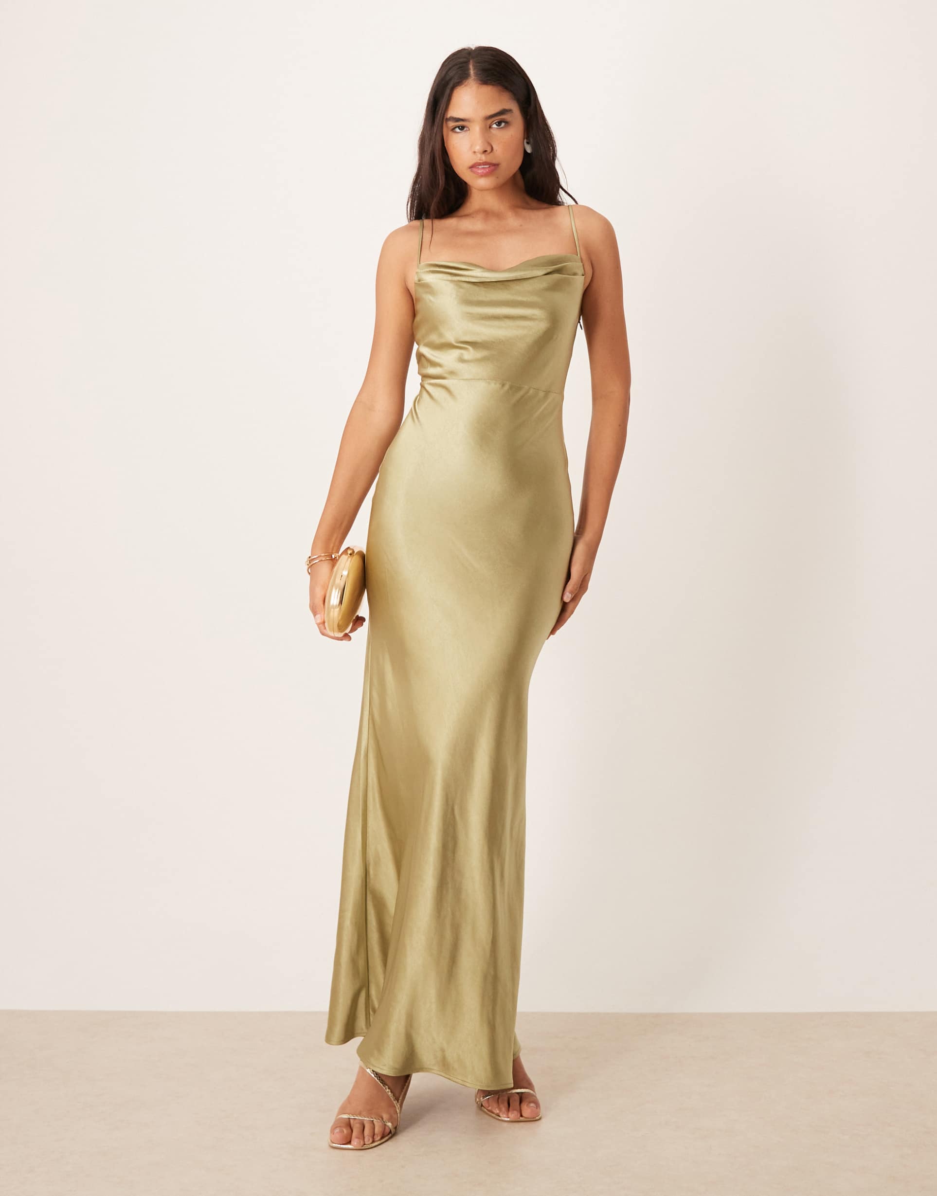 pretty lavish bridesmaid keisha satin cowl neck maxi dress in olive green