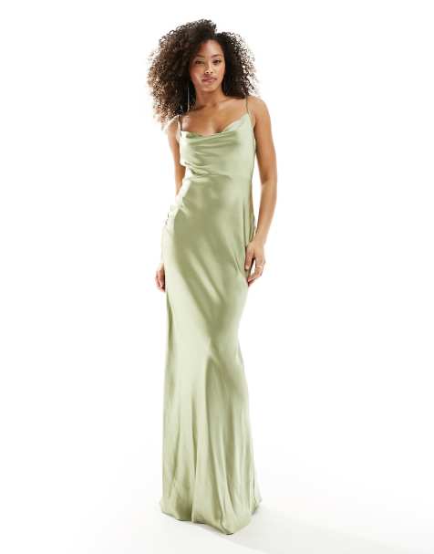 Pretty Lavish Bridesmaid Keisha satin cowl neck maxi dress in olive