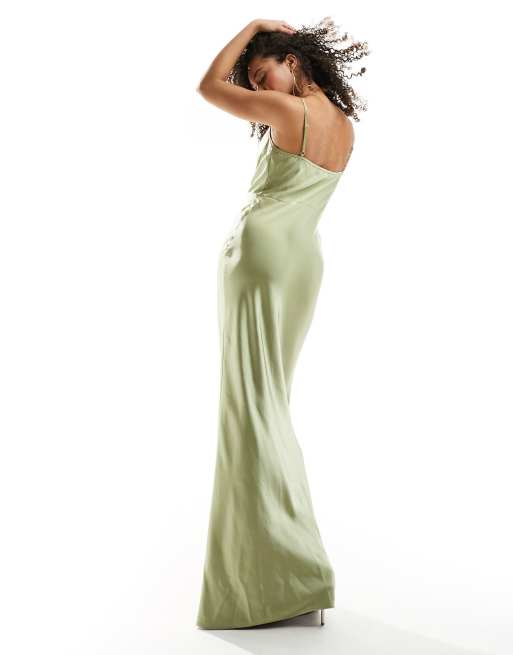Pretty Lavish Bridesmaid Keisha satin cowl neck maxi dress in olive