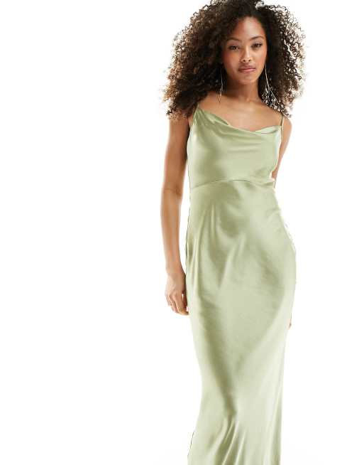 Pretty Lavish Bridesmaid Keisha satin cowl neck maxi dress in olive