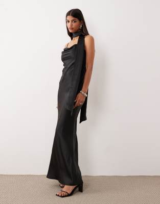 Pretty Lavish Bridesmaid Keisha Satin Cowl Neck Maxi Dress With Scarf In Black