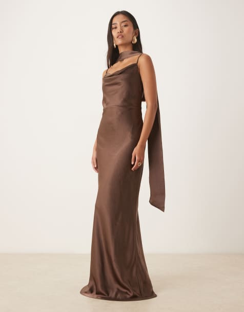 Pretty Lavish Bridesmaid Keisha satin cowl neck maxi dress with scarf in chocolate brown