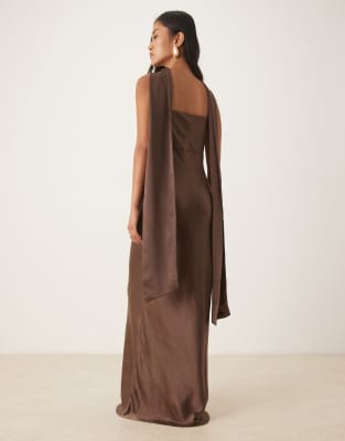 Pretty Lavish Bridesmaid Keisha Satin Cowl Neck Maxi Dress With Scarf In Brown