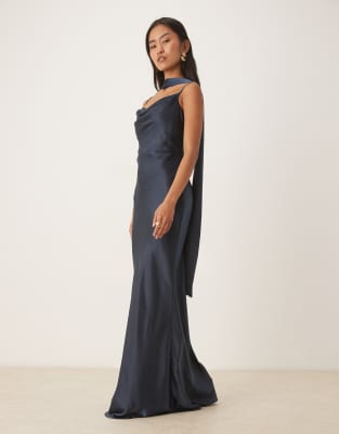 Pretty Lavish Bridesmaid Keisha Satin Cowl Neck Maxi Dress With Scarf In Blue