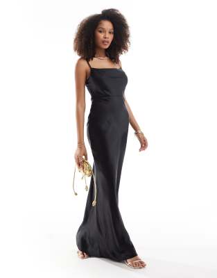 Bridesmaid Keisha satin maxi dress in black