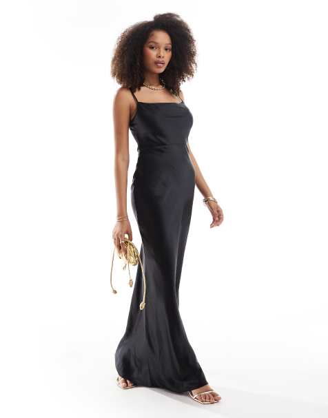 Pretty Lavish Bridesmaid Keisha satin maxi dress in black - view 1