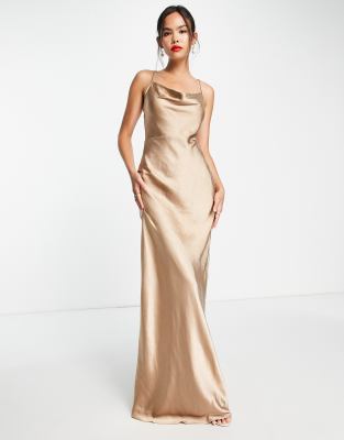 keisha slip maxi dress Pretty Lavish Bridesmaid Keisha satin cowl neck maxi dress in olive green