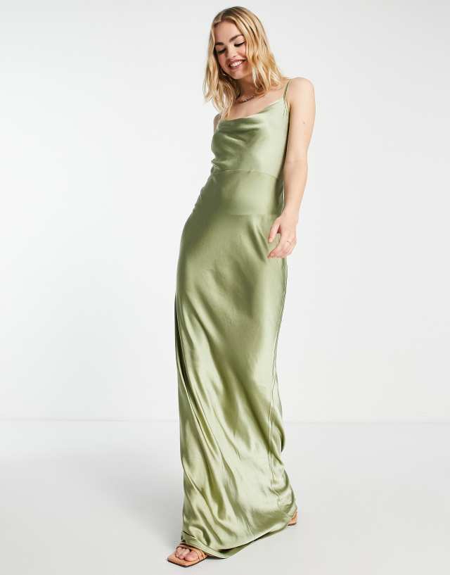 Pretty Lavish Bridesmaid Keisha satin maxi dress in olive