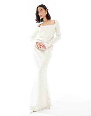 Pretty Lavish Bridesmaid Long Sleeve Square Neck Crepe Maxi Dress In White