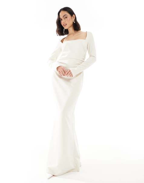 Pretty Lavish Bridesmaid long sleeve square neck crepe maxi dress in cream