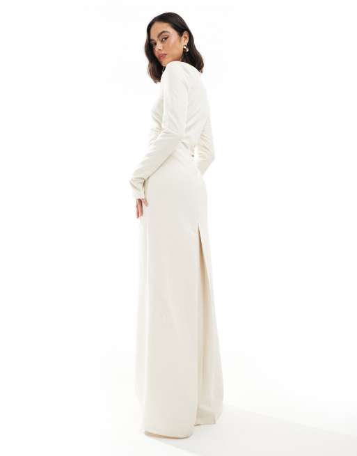 Pretty Lavish Bridesmaid long sleeve square neck crepe maxi dress in cream  | ASOS