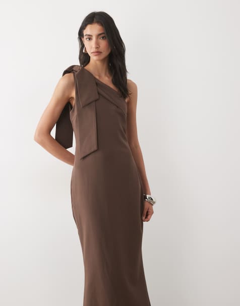 Pretty Lavish Bridesmaid Nevaeh crepe one shoulder bow detail maxi dress in chocolate - view 1