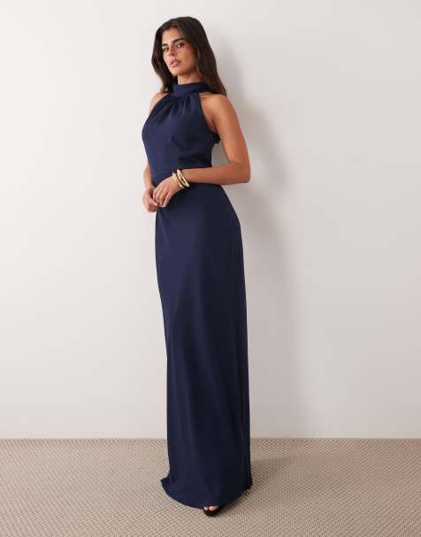 Pretty Lavish Bridesmaid Odelle satin halter neck maxi dress in navy