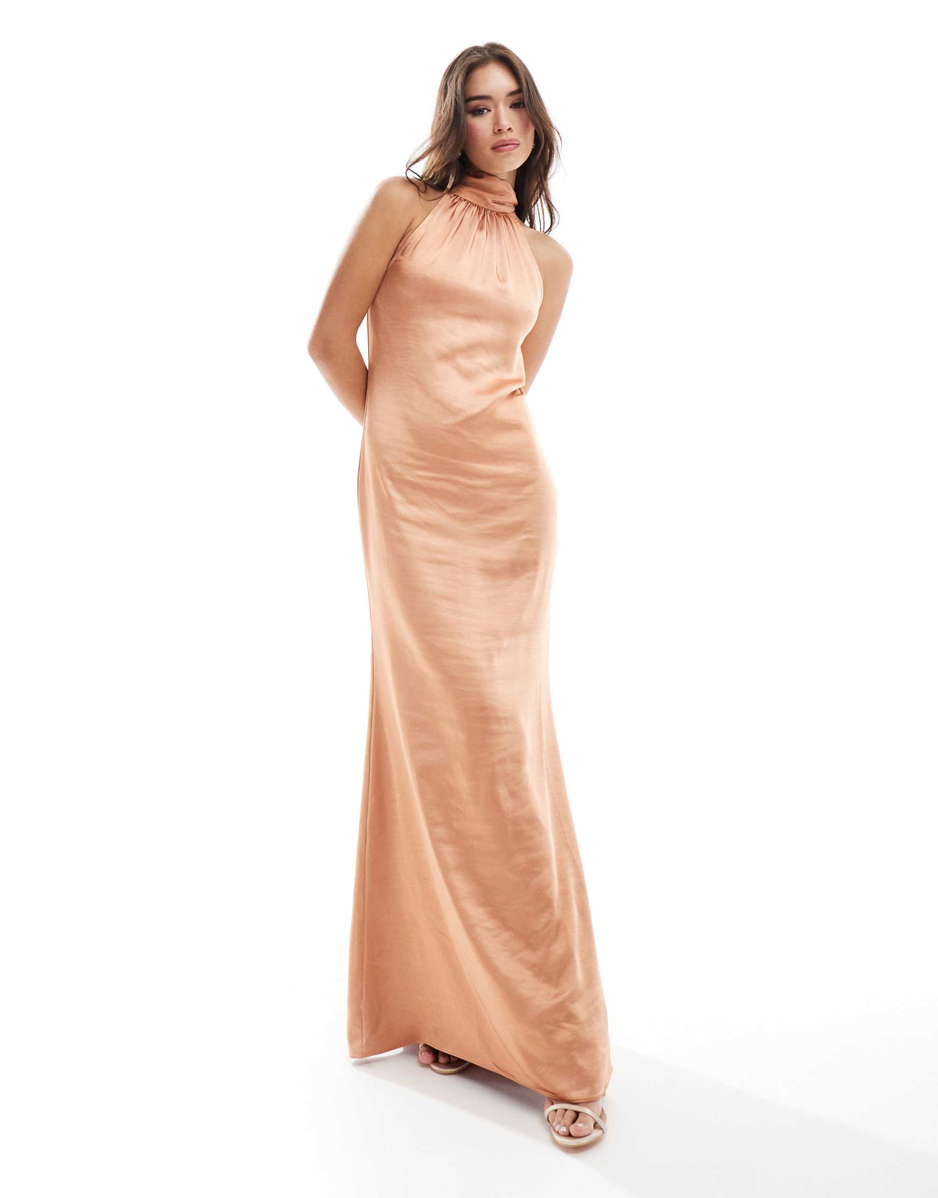 pretty lavish bridesmaid odelle high neck satin maxi dress in cinnamon