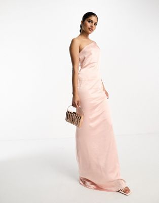 Pretty Lavish Bridesmaid one shoulder satin maxi dress in blush-Pink