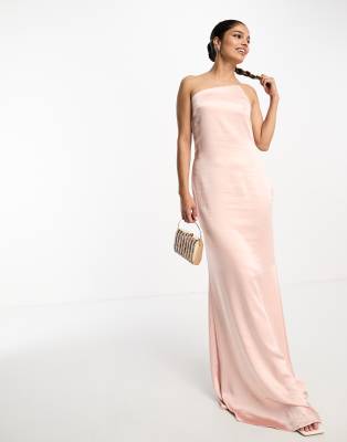 Pretty Lavish Bridesmaid one shoulder satin maxi dress in blush