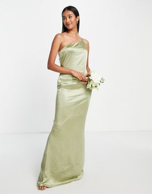 PRETTY LAVISH BRIDESMAID ONE SHOULDER SATIN MAXI DRESS IN OLIVE-GREEN