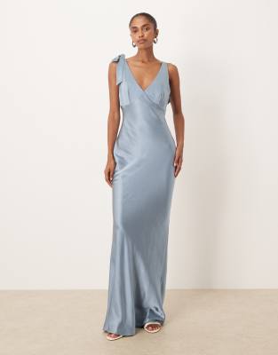 Pretty Lavish Bridesmaid Piper satin bow shoulder v-neck maxi dress in dusty blue