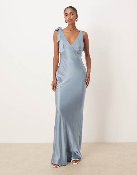 Pretty Lavish Bridesmaid Piper satin bow shoulder v neck maxi dress in dusty blue