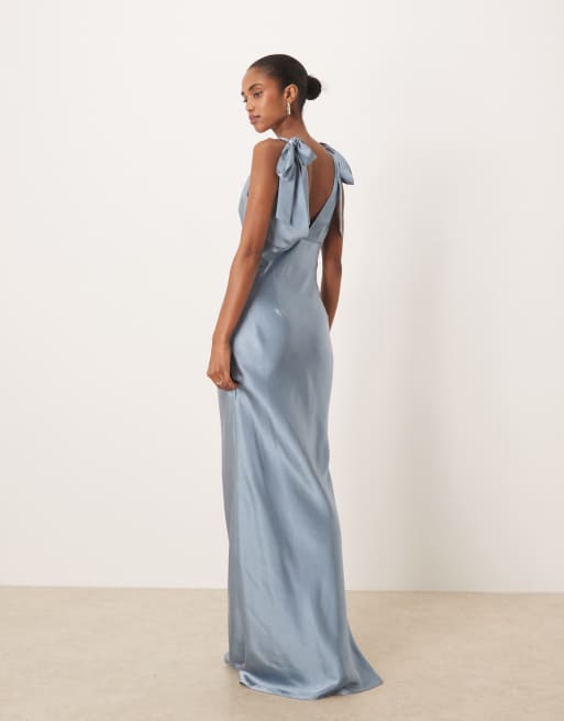 Pretty Lavish Bridesmaid Piper satin bow shoulders v-neck maxi dress in  dusty blue | ASOS