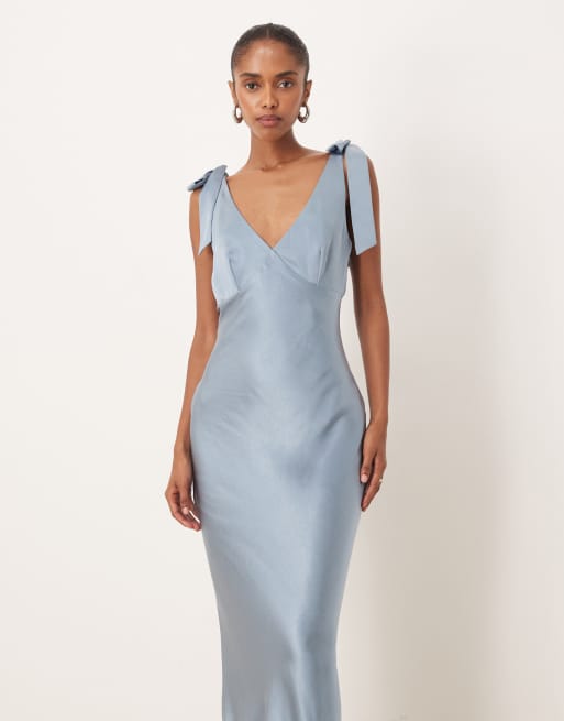 Pretty Lavish Bridesmaid Piper satin bow shoulders v-neck maxi dress in  dusty blue | ASOS