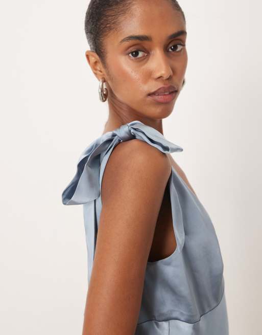 Pretty Lavish Bridesmaid Piper satin bow shoulders v-neck maxi dress in  dusty blue | ASOS