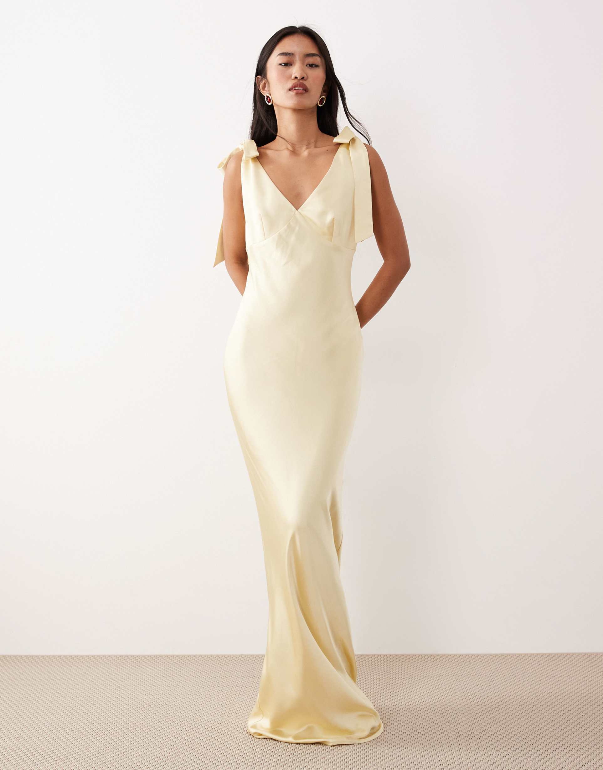 pretty lavish bridesmaid piper satin bow shoulders v-neck maxi dress in lemon yellow