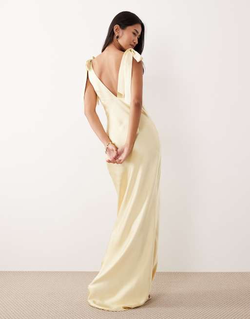 Pretty Lavish Bridesmaid Piper satin bow shoulders v-neck maxi dress in lemon  yellow | ASOS