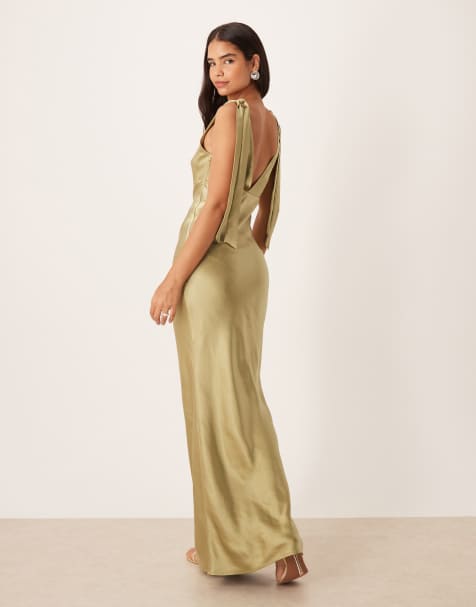Pretty Lavish Bridesmaid Piper satin bow shoulders v-neck maxi dress in olive green - view 1