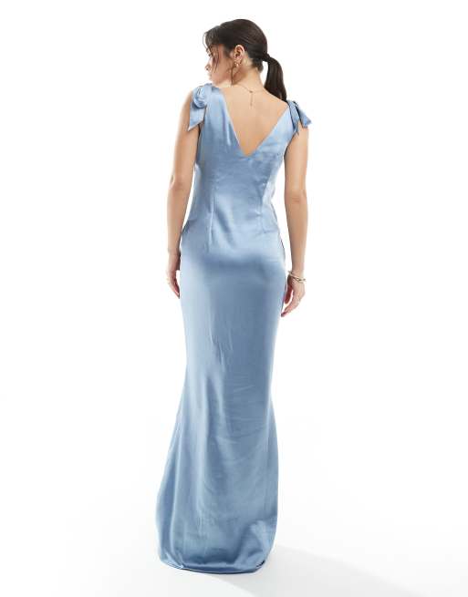 Pretty Lavish Bridesmaid Piper satin tie shoulder maxi dress in dusty blue